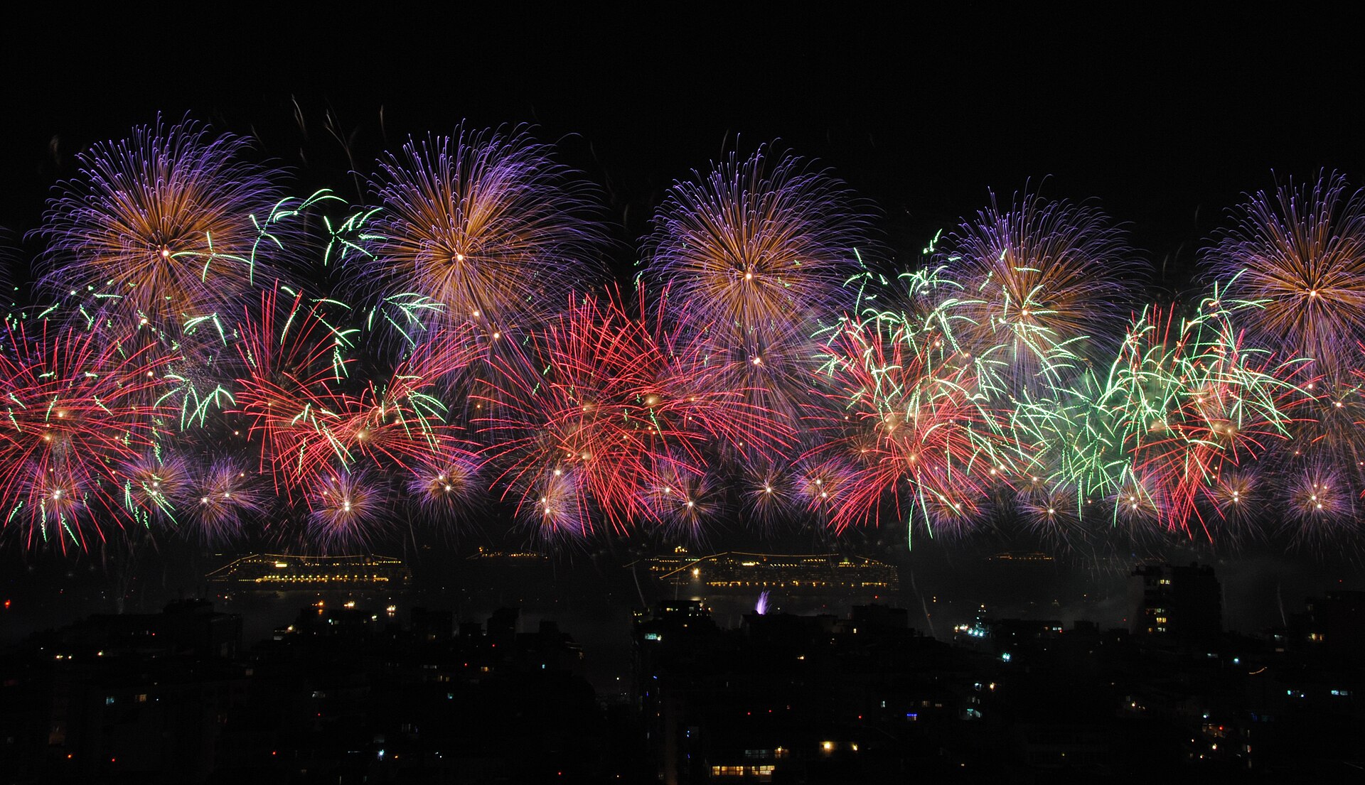 Réveillon, New Year’s Eve fireworks over Copacabana beach, Rio de Janeiro