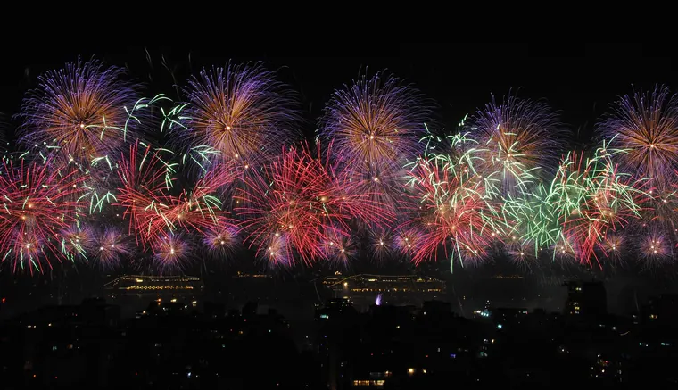 Réveillon, New Year’s Eve fireworks over Copacabana beach, Rio de Janeiro