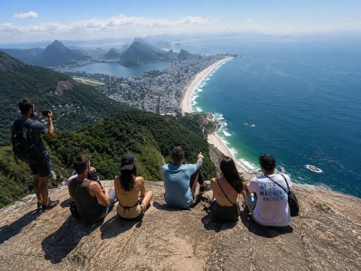 Hikers at the Dois Irmãos lookout above Ipanema and the Rio coastline