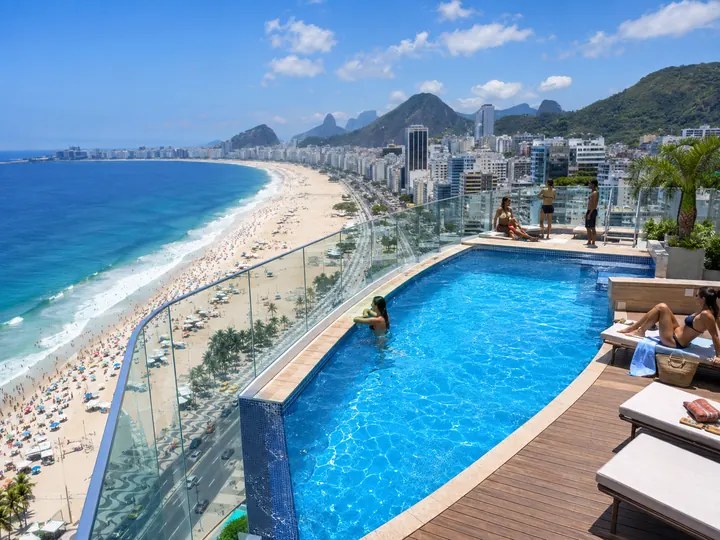 A rooftop hotel pool overlooking the full sweep of Copacabana beach