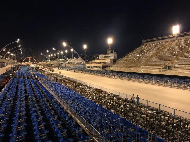 Open concrete grandstand tiers of the Sambadrome in daylight